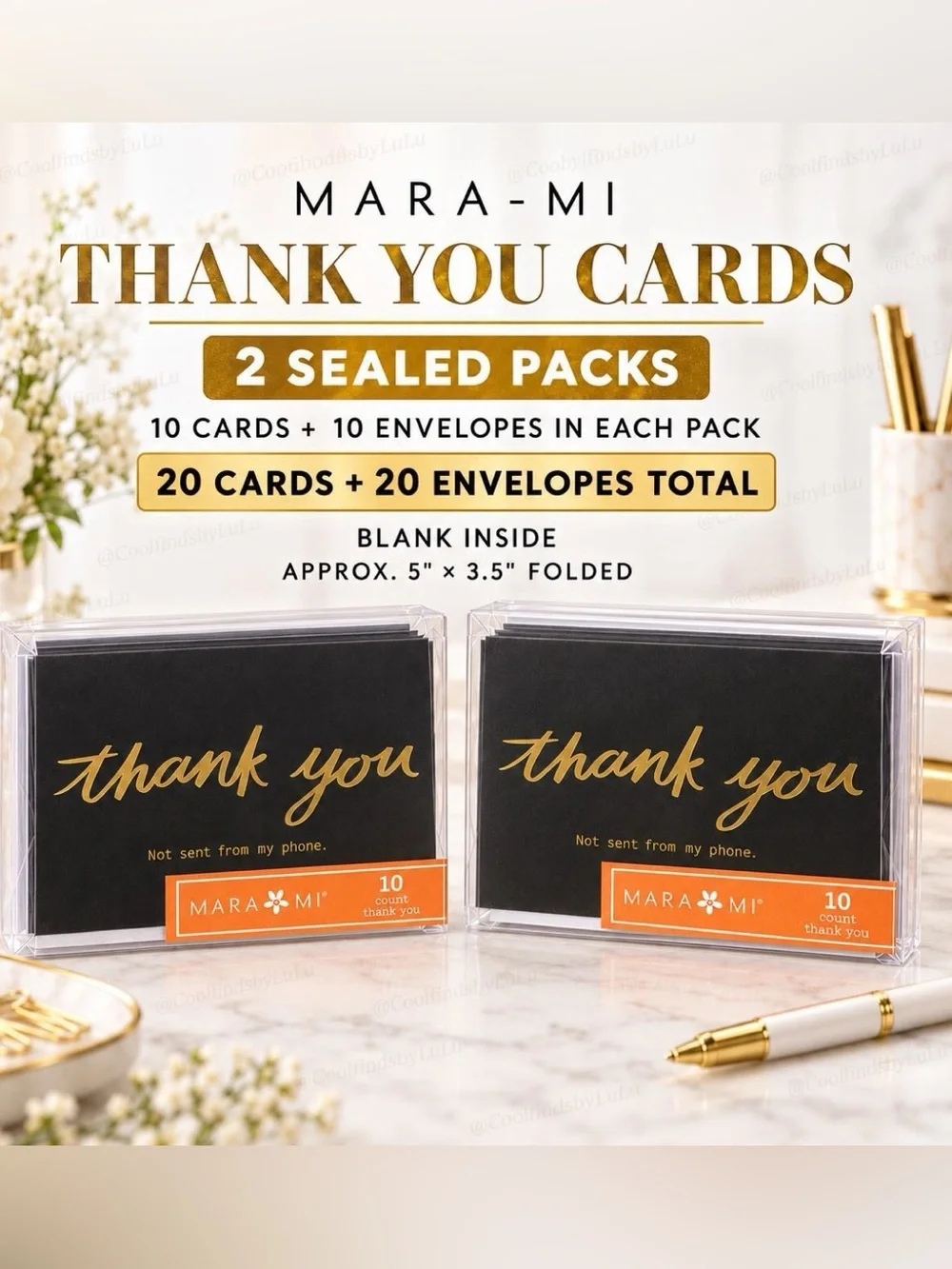 Black & Gold Thank You Cards - 20 Pack